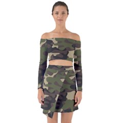 Texture-military-camouflage-repeats-seamless-army-green-hunting Off Shoulder Top With Skirt Set by Wegoenart