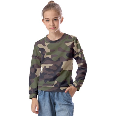 Texture-military-camouflage-repeats-seamless-army-green-hunting Kids  Long Sleeve Tee With Frill  by Wegoenart