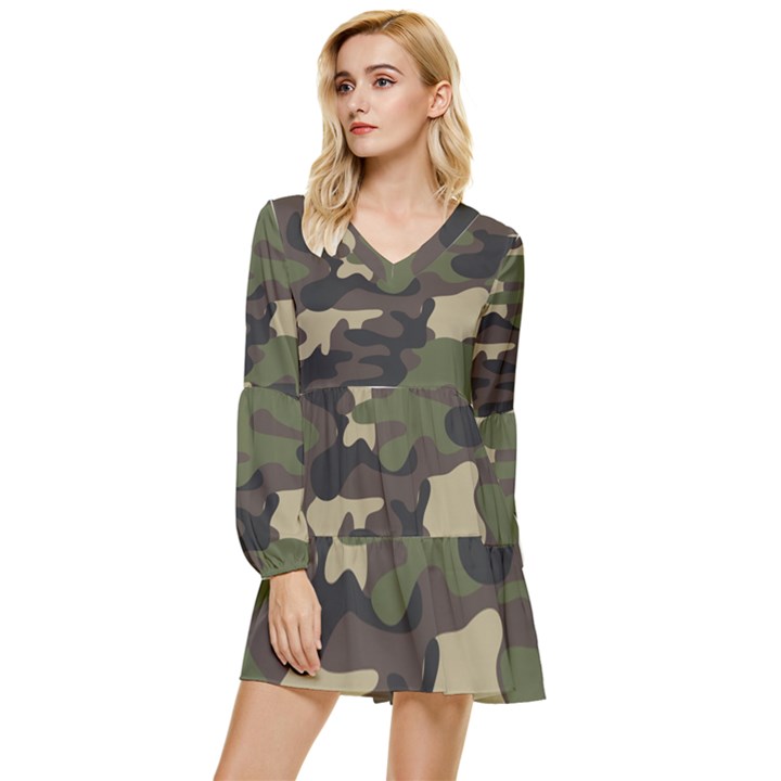 Texture-military-camouflage-repeats-seamless-army-green-hunting Tiered Long Sleeve Mini Dress