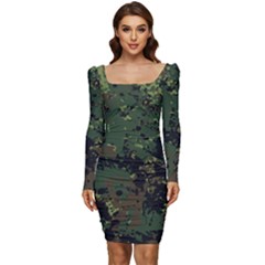 Military-background-grunge-style Women Long Sleeve Ruched Stretch Jersey Dress by Wegoenart