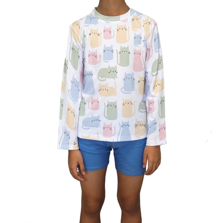 Cute-cat-colorful-cartoon-doodle-seamless-pattern Kids  Long Sleeve Swimwear