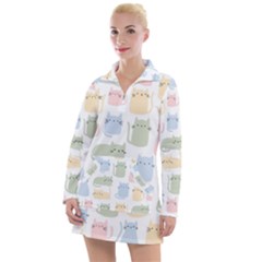 Cute-cat-colorful-cartoon-doodle-seamless-pattern Women s Long Sleeve Casual Dress by Wegoenart