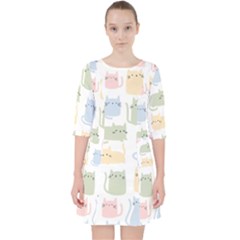 Cute-cat-colorful-cartoon-doodle-seamless-pattern Quarter Sleeve Pocket Dress by Wegoenart