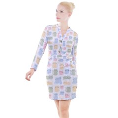 Cute-cat-colorful-cartoon-doodle-seamless-pattern Button Long Sleeve Dress by Wegoenart