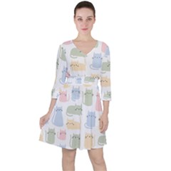 Cute-cat-colorful-cartoon-doodle-seamless-pattern Quarter Sleeve Ruffle Waist Dress by Wegoenart