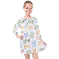 Cute-cat-colorful-cartoon-doodle-seamless-pattern Kids  Quarter Sleeve Shirt Dress by Wegoenart