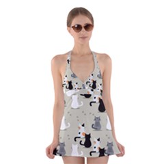 Cute-cat-seamless-pattern Halter Dress Swimsuit  by Wegoenart