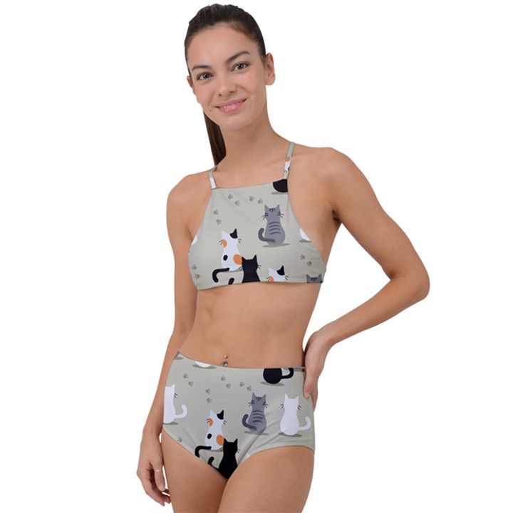 Cute-cat-seamless-pattern High Waist Tankini Set