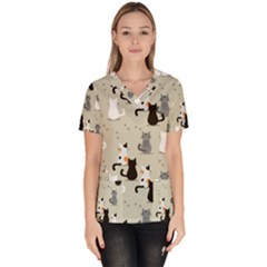 Cute-cat-seamless-pattern Women s V-neck Scrub Top by Wegoenart