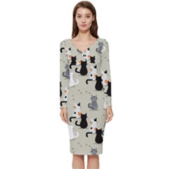 Cute-cat-seamless-pattern Long Sleeve V-neck Bodycon Dress  by Wegoenart