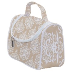 Clean Brown And White Ornament Damask Vintage Satchel Handbag by ConteMonfrey