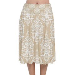 Clean Brown And White Ornament Damask Vintage Velvet Flared Midi Skirt by ConteMonfrey