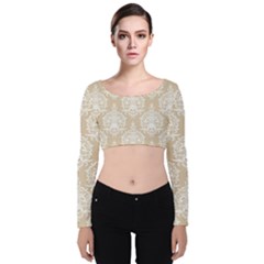 Clean Brown And White Ornament Damask Vintage Velvet Long Sleeve Crop Top by ConteMonfrey