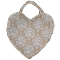 Clean Brown And White Ornament Damask Vintage Giant Heart Shaped Tote by ConteMonfrey