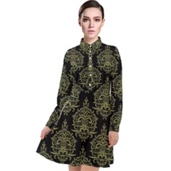 Black And Green Ornament Damask Vintage Long Sleeve Chiffon Shirt Dress by ConteMonfrey