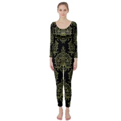 Black And Green Ornament Damask Vintage Long Sleeve Catsuit by ConteMonfrey