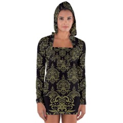 Black And Green Ornament Damask Vintage Long Sleeve Hooded T-shirt by ConteMonfrey