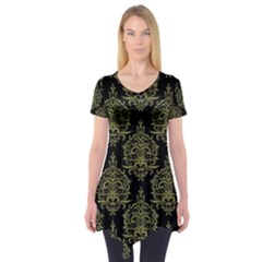 Black And Green Ornament Damask Vintage Short Sleeve Tunic  by ConteMonfrey