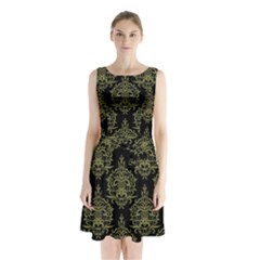 Black And Green Ornament Damask Vintage Sleeveless Waist Tie Chiffon Dress by ConteMonfrey