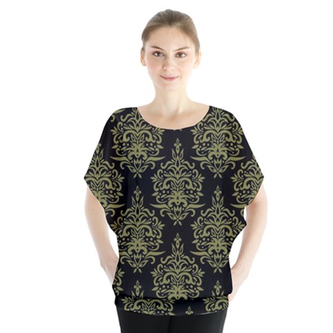 Black And Green Ornament Damask Vintage Batwing Chiffon Blouse by ConteMonfrey