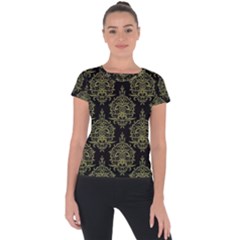 Black And Green Ornament Damask Vintage Short Sleeve Sports Top  by ConteMonfrey