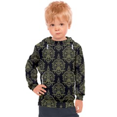 Black And Green Ornament Damask Vintage Kids  Hooded Pullover by ConteMonfrey