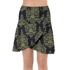 Black And Green Ornament Damask Vintage Wrap Front Skirt by ConteMonfrey