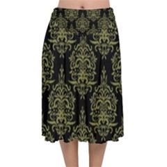 Black And Green Ornament Damask Vintage Velvet Flared Midi Skirt by ConteMonfrey