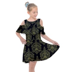 Black And Green Ornament Damask Vintage Kids  Shoulder Cutout Chiffon Dress by ConteMonfrey