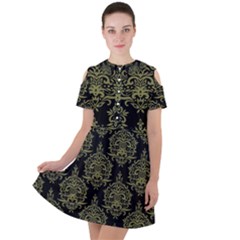 Black And Green Ornament Damask Vintage Short Sleeve Shoulder Cut Out Dress  by ConteMonfrey