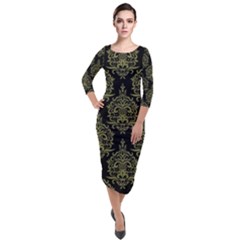 Black And Green Ornament Damask Vintage Quarter Sleeve Midi Velour Bodycon Dress by ConteMonfrey