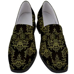 Black And Green Ornament Damask Vintage Women s Chunky Heel Loafers by ConteMonfrey