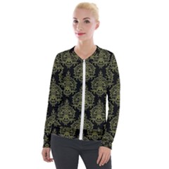 Black And Green Ornament Damask Vintage Velvet Zip Up Jacket by ConteMonfrey