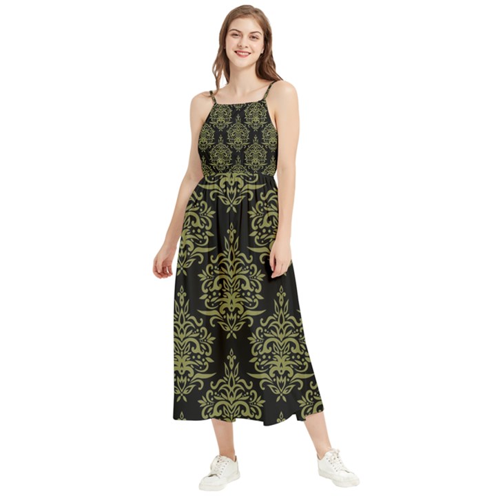 Black And Green Ornament Damask Vintage Boho Sleeveless Summer Dress