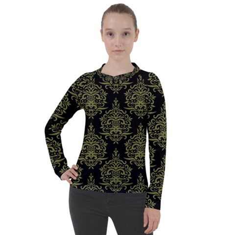 Black And Green Ornament Damask Vintage Women s Pique Long Sleeve Tee by ConteMonfrey