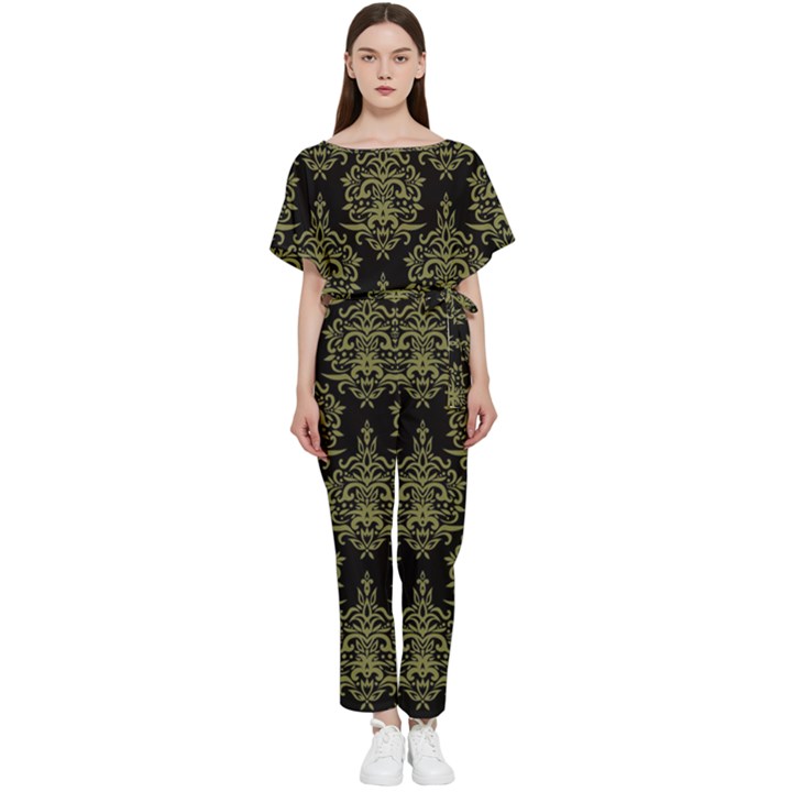 Black And Green Ornament Damask Vintage Batwing Lightweight Chiffon Jumpsuit