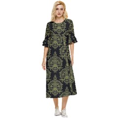 Black And Green Ornament Damask Vintage Double Cuff Midi Dress by ConteMonfrey