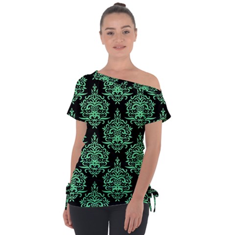 Black And Neon Ornament Damask Vintage Off Shoulder Tie-up Tee by ConteMonfrey