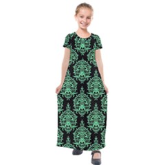 Black And Neon Ornament Damask Vintage Kids  Short Sleeve Maxi Dress by ConteMonfrey