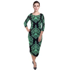 Black And Neon Ornament Damask Vintage Quarter Sleeve Midi Velour Bodycon Dress by ConteMonfrey