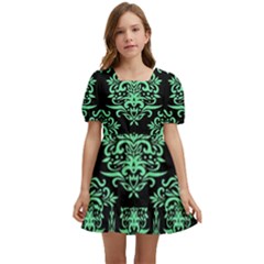 Black And Neon Ornament Damask Vintage Kids  Short Sleeve Dolly Dress by ConteMonfrey