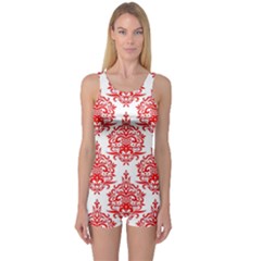 White And Red Ornament Damask Vintage One Piece Boyleg Swimsuit by ConteMonfrey