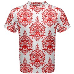 White And Red Ornament Damask Vintage Men s Cotton Tee by ConteMonfrey