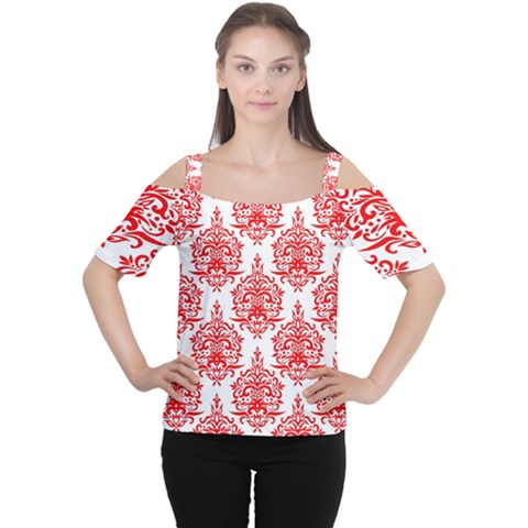 White And Red Ornament Damask Vintage Cutout Shoulder Tee by ConteMonfrey