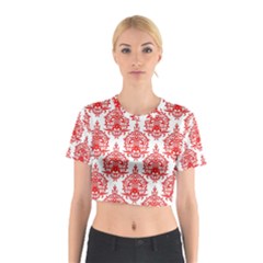 White And Red Ornament Damask Vintage Cotton Crop Top by ConteMonfrey