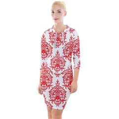 White And Red Ornament Damask Vintage Quarter Sleeve Hood Bodycon Dress by ConteMonfrey