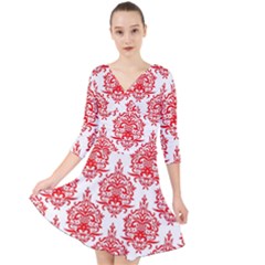 White And Red Ornament Damask Vintage Quarter Sleeve Front Wrap Dress by ConteMonfrey