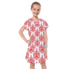 White And Red Ornament Damask Vintage Kids  Drop Waist Dress by ConteMonfrey