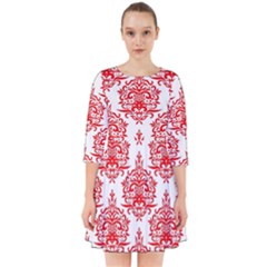 White And Red Ornament Damask Vintage Smock Dress by ConteMonfrey