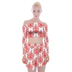 White And Red Ornament Damask Vintage Off Shoulder Top With Mini Skirt Set by ConteMonfrey